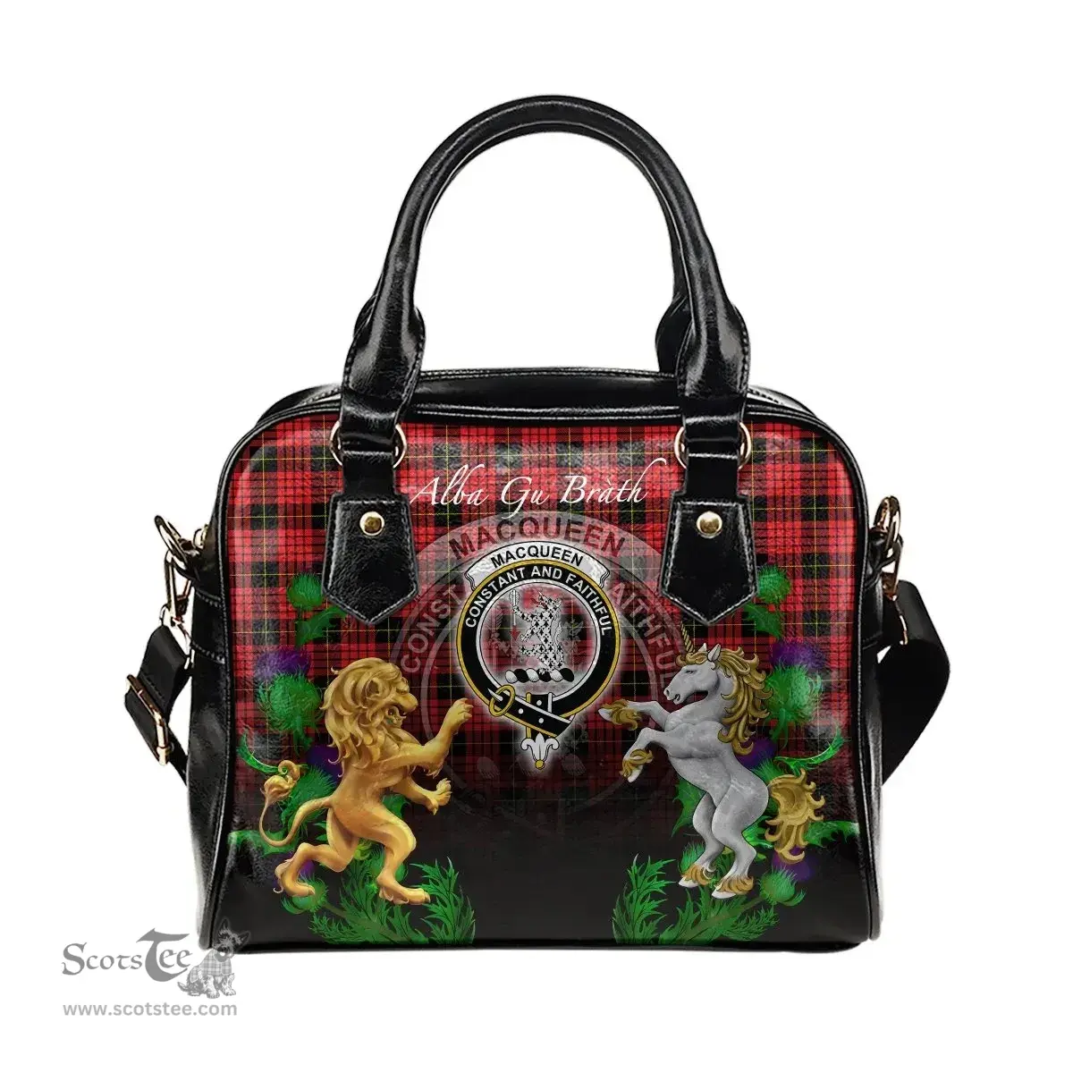 ScotsTee Shop Scottish MacQueen Modern Clan Crest Tartan Lion Unicorn Thistle Shoulder Handbag