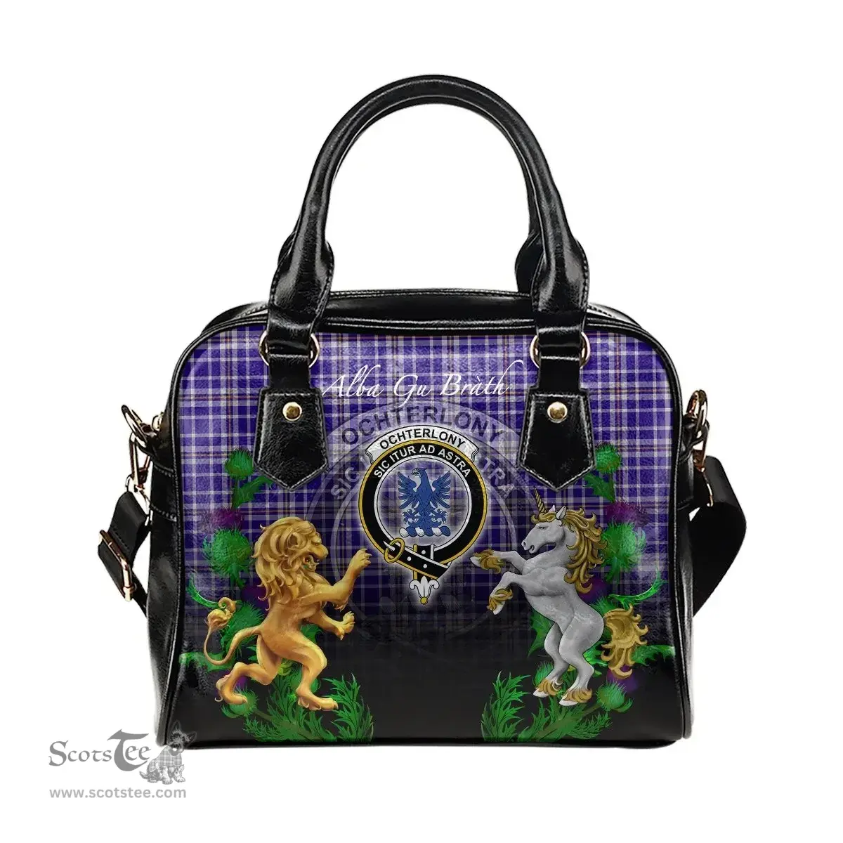 ScotsTee Shop Scottish Ochterlony Clan Crest Tartan Lion Unicorn Thistle Shoulder Handbag