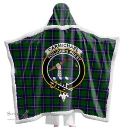 ScotsTee Shop Scottish Carmichael Modern Clan Crest Tartan Sherpa Hooded Blanket Wearable Cuddle Throw Warm Cozy