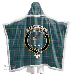 ScotsTee Shop Scottish Carmichael Ancient Clan Crest Tartan Sherpa Hooded Blanket Wearable Cuddle Throw Warm Cozy
