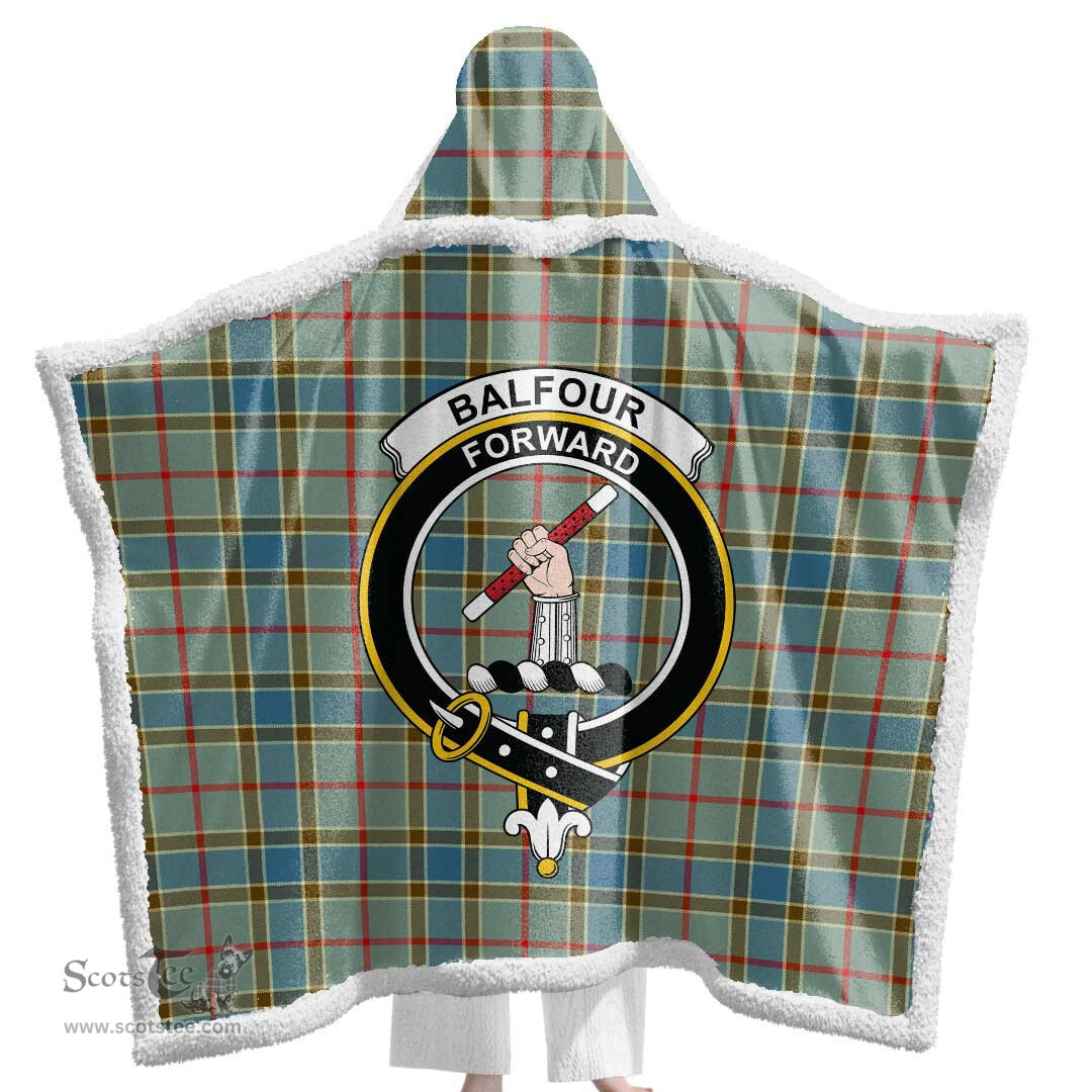 ScotsTee Shop Scottish Balfour Blue Clan Crest Tartan Sherpa Hooded Blanket Wearable Cuddle Throw Warm Cozy