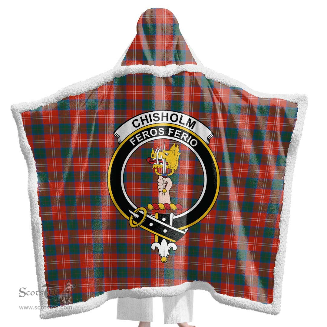 ScotsTee Shop Scottish Chisholm Ancient Clan Crest Tartan Sherpa Hooded Blanket Wearable Cuddle Throw Warm Cozy