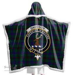 ScotsTee Shop Scottish Davidson Modern Clan Crest Tartan Sherpa Hooded Blanket Wearable Cuddle Throw Warm Cozy