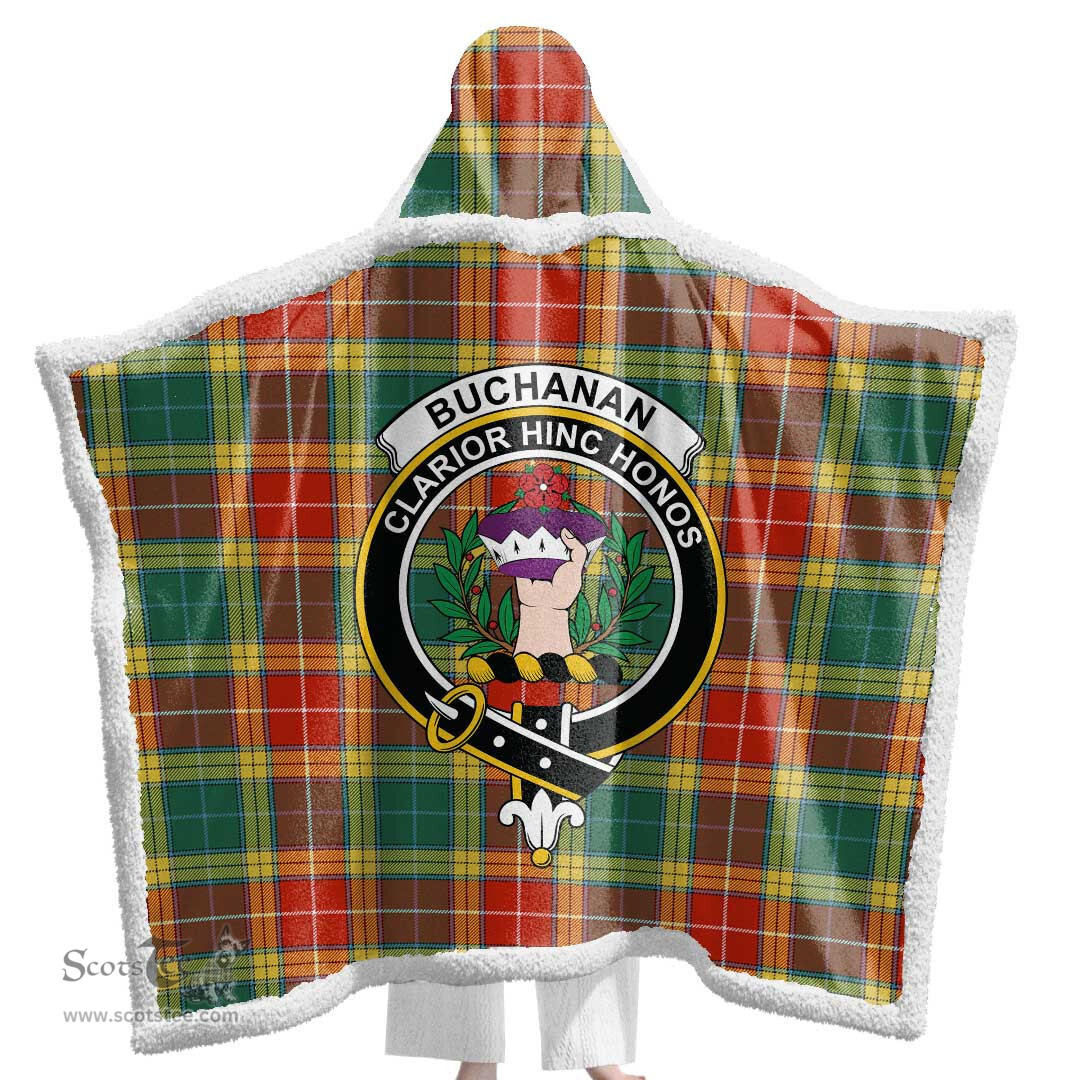 ScotsTee Shop Scottish Buchanan Old Sett Clan Crest Tartan Sherpa Hooded Blanket Wearable Cuddle Throw Warm Cozy