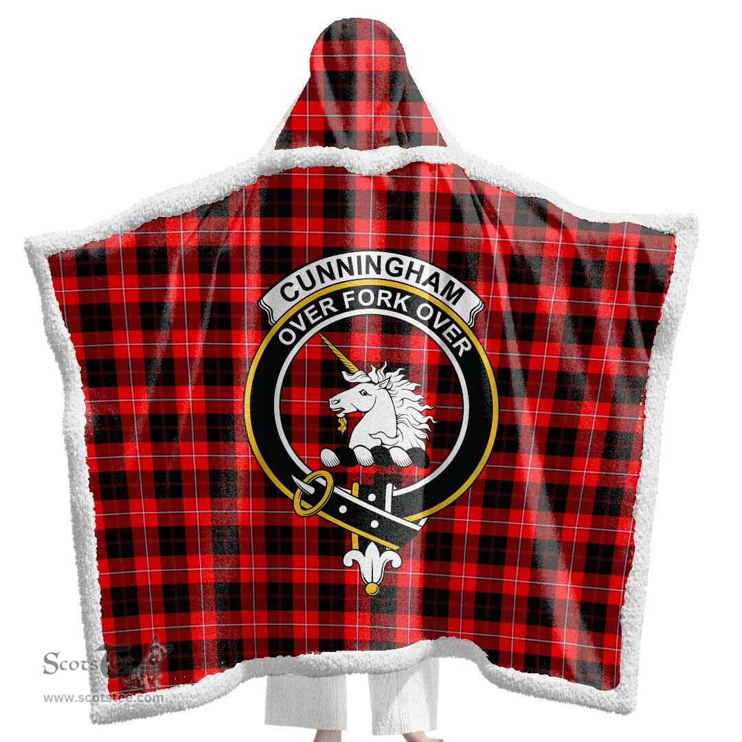ScotsTee Shop Scottish Cunningham Modern Clan Crest Tartan Sherpa Hooded Blanket Wearable Cuddle Throw Warm Cozy