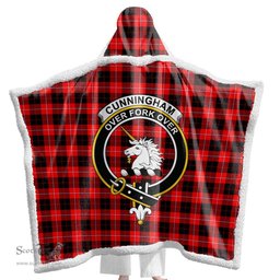 ScotsTee Shop Scottish Cunningham Modern Clan Crest Tartan Sherpa Hooded Blanket Wearable Cuddle Throw Warm Cozy