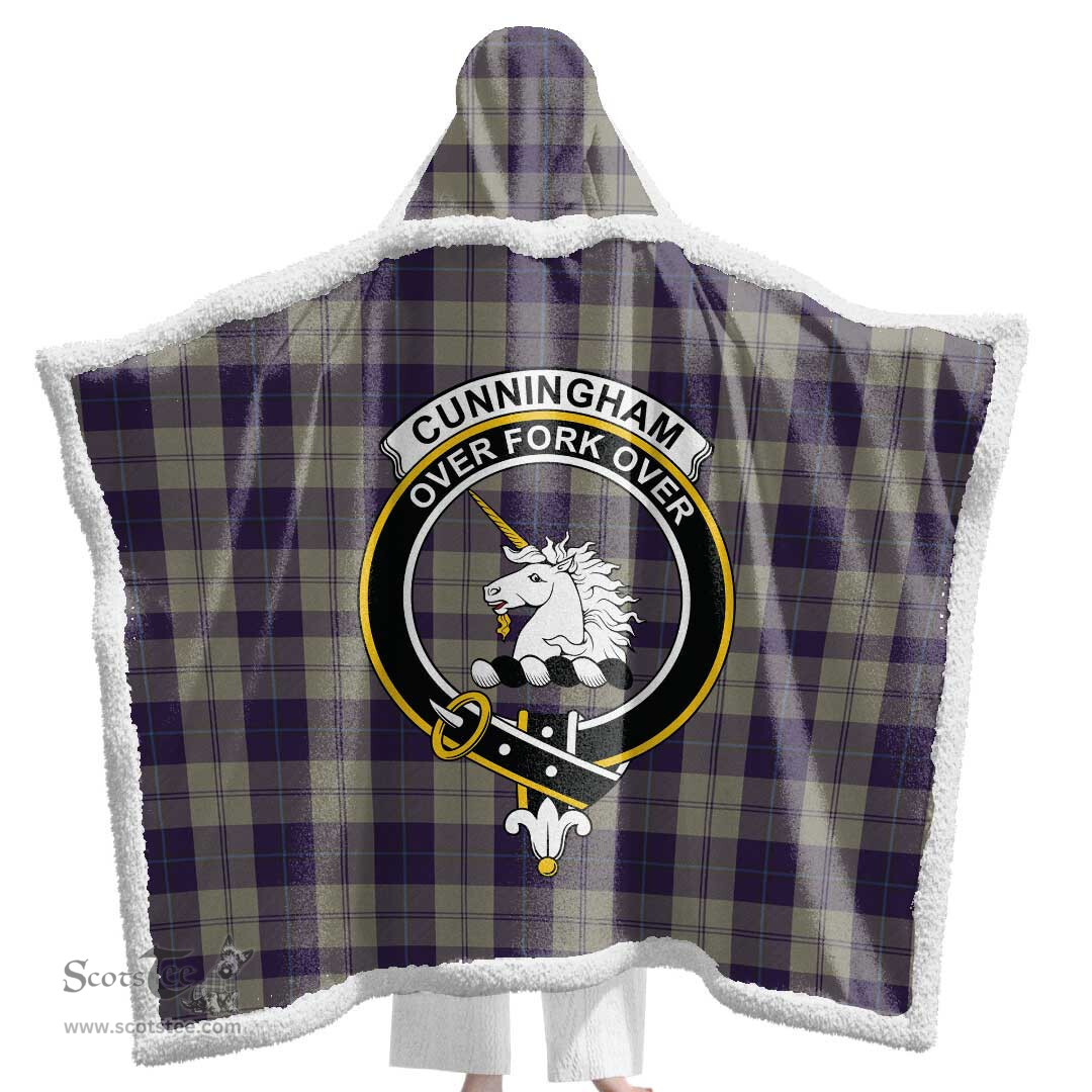 ScotsTee Shop Scottish Cunningham Dress Blue Dancers Clan Crest Tartan Sherpa Hooded Blanket Wearable Cuddle Throw Warm Cozy