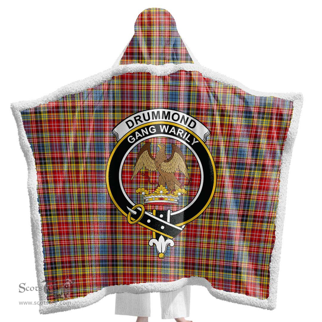 ScotsTee Shop Scottish Drummond of Strathallan Clan Crest Tartan Sherpa Hooded Blanket Wearable Cuddle Throw Warm Cozy