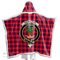 ScotsTee Shop Scottish Hamilton Modern Clan Crest Tartan Sherpa Hooded Blanket Wearable Cuddle Throw Warm Cozy