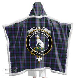 ScotsTee Shop Scottish Hunter Modern Clan Crest Tartan Sherpa Hooded Blanket Wearable Cuddle Throw Warm Cozy