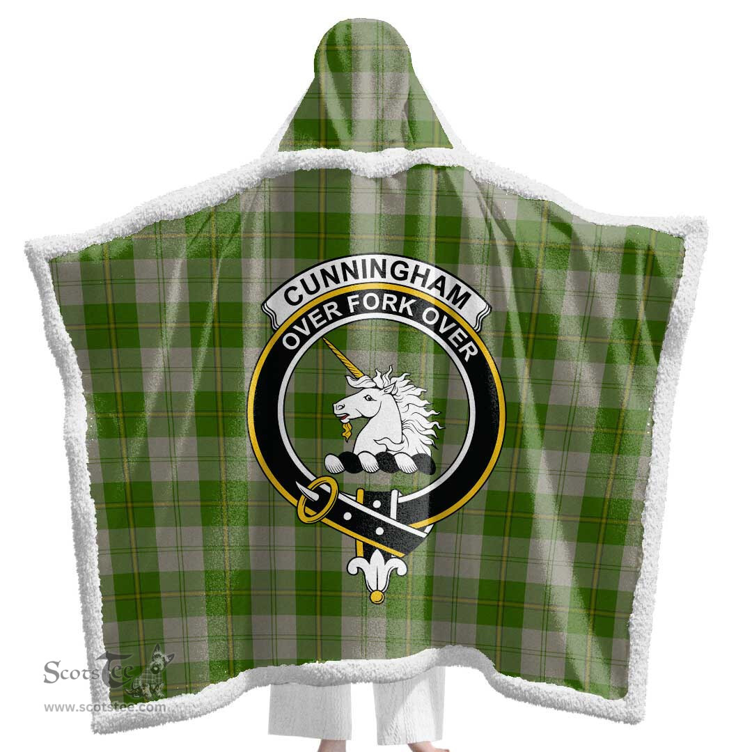 ScotsTee Shop Scottish Cunningham Dress Green Dancers Clan Crest Tartan Sherpa Hooded Blanket Wearable Cuddle Throw Warm Cozy