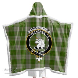 ScotsTee Shop Scottish Cunningham Dress Green Dancers Clan Crest Tartan Sherpa Hooded Blanket Wearable Cuddle Throw Warm Cozy