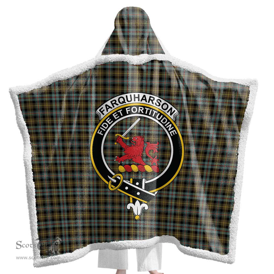 ScotsTee Shop Scottish Farquharson Weathered Clan Crest Tartan Sherpa Hooded Blanket Wearable Cuddle Throw Warm Cozy