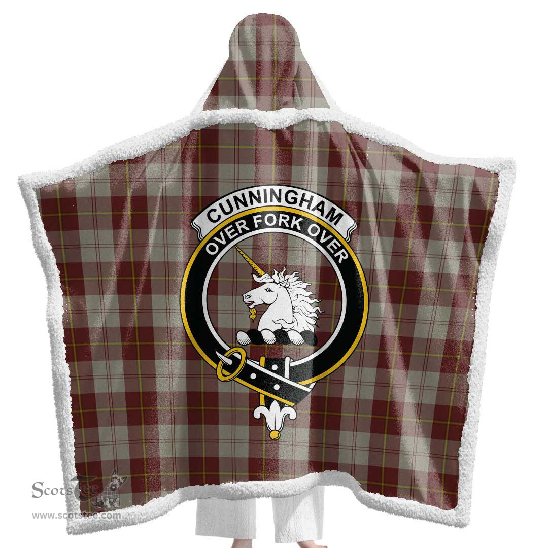 ScotsTee Shop Scottish Cunningham Burgundy Dancers Clan Crest Tartan Sherpa Hooded Blanket Wearable Cuddle Throw Warm Cozy