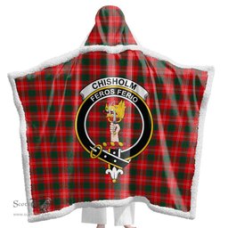 ScotsTee Shop Scottish Chisholm Modern Clan Crest Tartan Sherpa Hooded Blanket Wearable Cuddle Throw Warm Cozy
