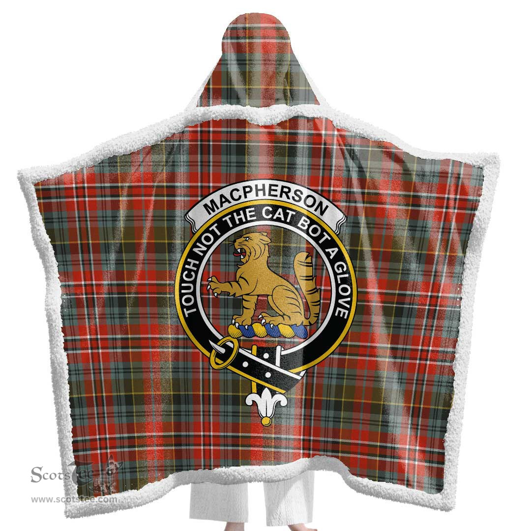 ScotsTee Shop Scottish MacPherson Weathered Clan Crest Tartan Sherpa Hooded Blanket Wearable Cuddle Throw Warm Cozy