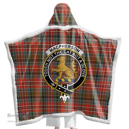 ScotsTee Shop Scottish MacPherson Weathered Clan Crest Tartan Sherpa Hooded Blanket Wearable Cuddle Throw Warm Cozy