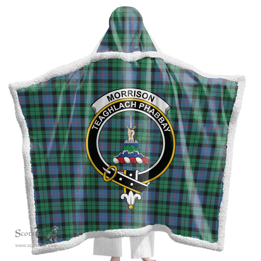 ScotsTee Shop Scottish Morrison Ancient Clan Crest Tartan Sherpa Hooded Blanket Wearable Cuddle Throw Warm Cozy
