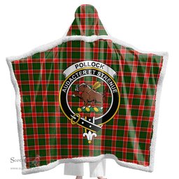 ScotsTee Shop Scottish Pollock Modern Clan Crest Tartan Sherpa Hooded Blanket Wearable Cuddle Throw Warm Cozy