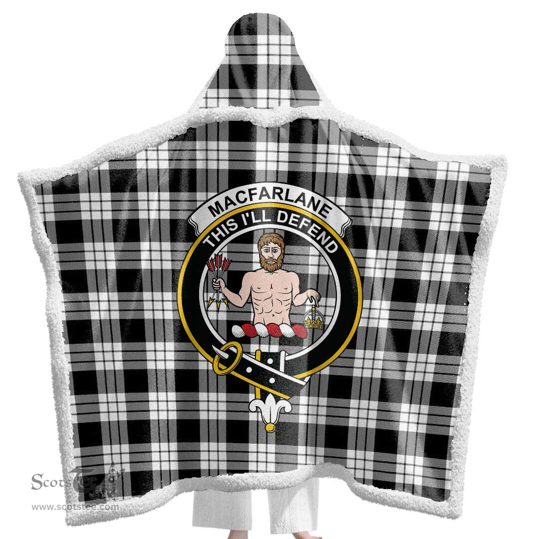 ScotsTee Shop Scottish MacFarlane Black & White Clan Crest Tartan Sherpa Hooded Blanket Wearable Cuddle Throw Warm Cozy
