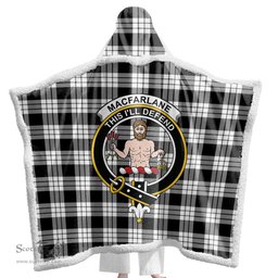 ScotsTee Shop Scottish MacFarlane Black & White Clan Crest Tartan Sherpa Hooded Blanket Wearable Cuddle Throw Warm Cozy