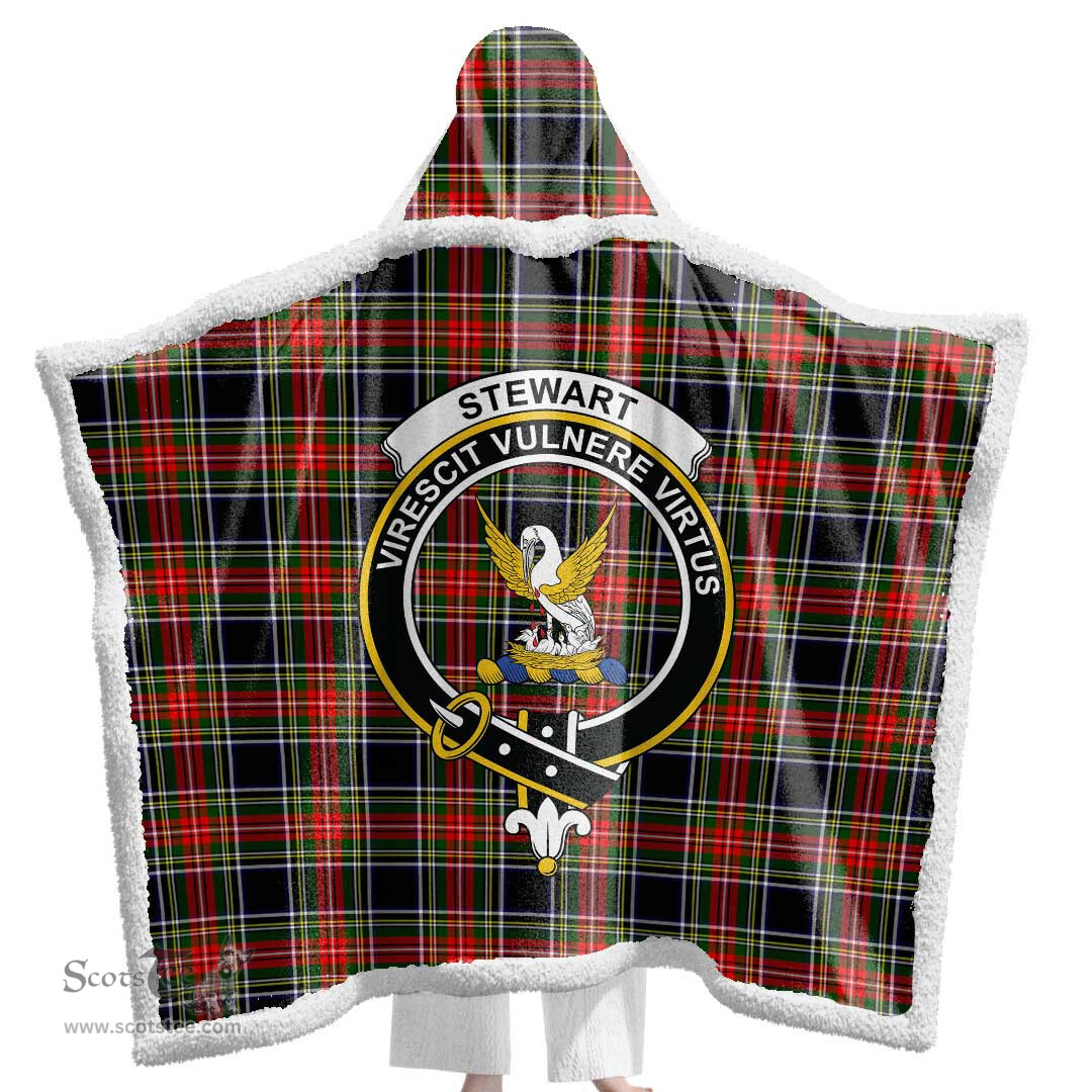 ScotsTee Shop Scottish Stewart Black Clan Crest Tartan Sherpa Hooded Blanket Wearable Cuddle Throw Warm Cozy