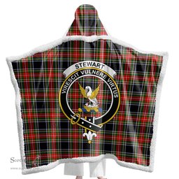 ScotsTee Shop Scottish Stewart Black Clan Crest Tartan Sherpa Hooded Blanket Wearable Cuddle Throw Warm Cozy