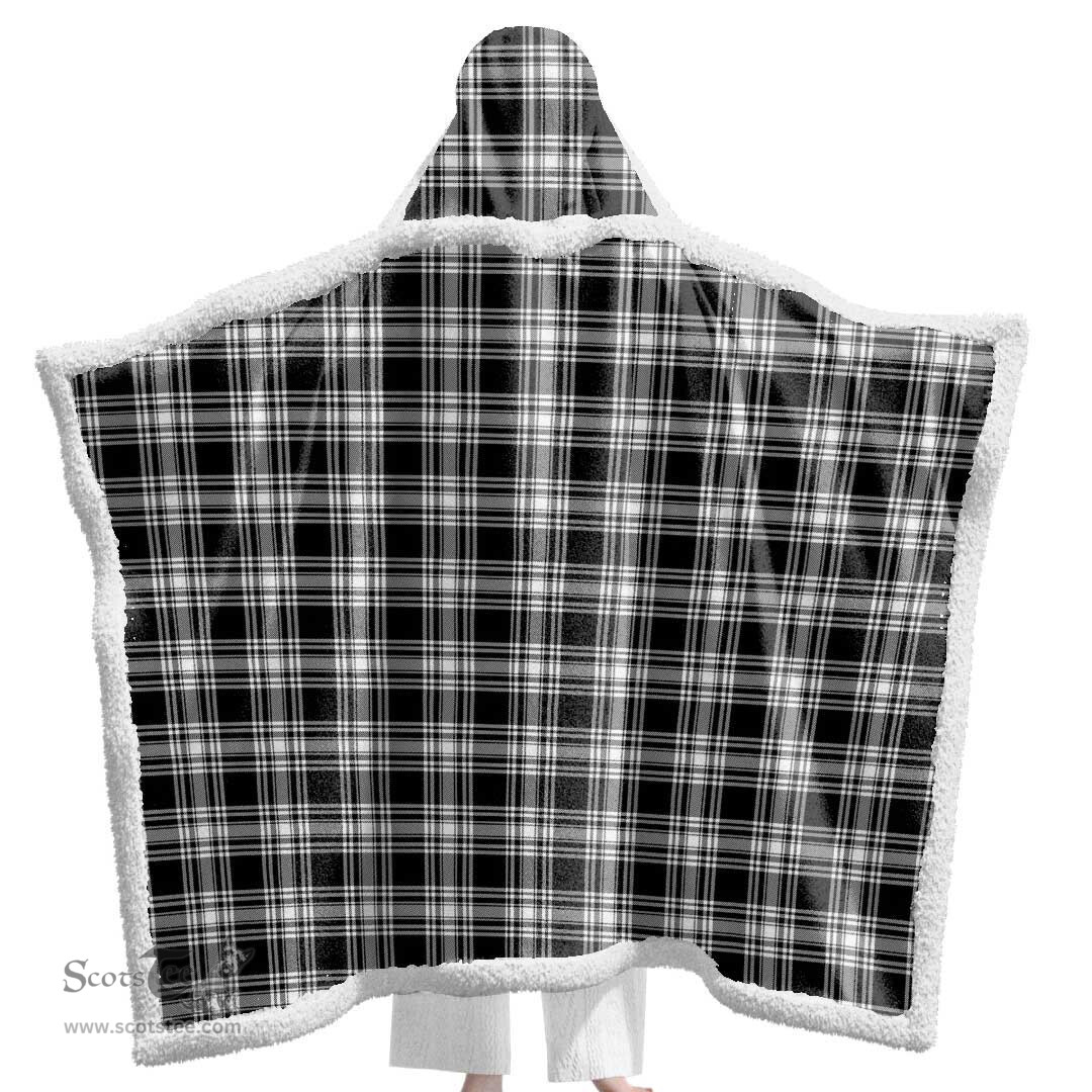 ScotsTee Shop Scottish Menzies Black & White Modern Clan Tartan Sherpa Hooded Blanket Wearable Cuddle Throw Warm Cozy