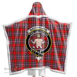 ScotsTee Shop Scottish MacFarlane Modern Clan Crest Tartan Sherpa Hooded Blanket Wearable Cuddle Throw Warm Cozy