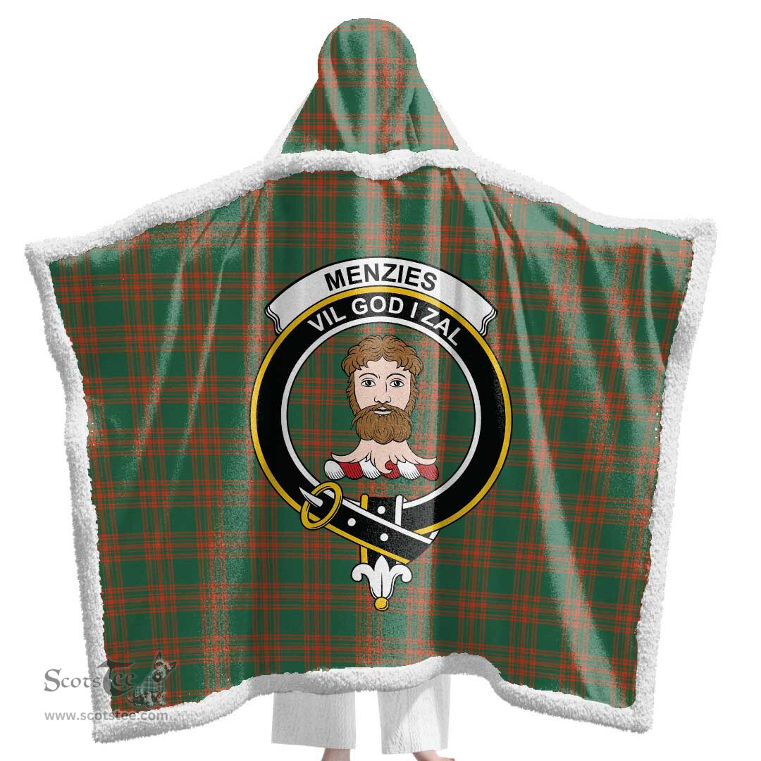 ScotsTee Shop Scottish Menzies Green Ancient Clan Crest Tartan Sherpa Hooded Blanket Wearable Cuddle Throw Warm Cozy