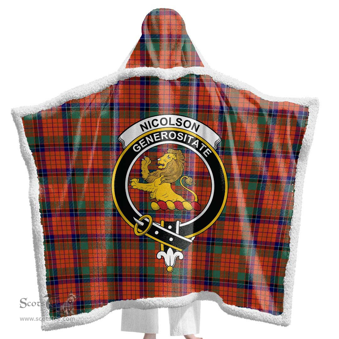 ScotsTee Shop Scottish Nicolson Ancient Clan Crest Tartan Sherpa Hooded Blanket Wearable Cuddle Throw Warm Cozy