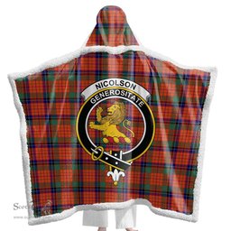ScotsTee Shop Scottish Nicolson Ancient Clan Crest Tartan Sherpa Hooded Blanket Wearable Cuddle Throw Warm Cozy