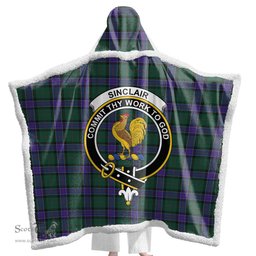 ScotsTee Shop Scottish Sinclair Hunting Modern Clan Crest Tartan Sherpa Hooded Blanket Wearable Cuddle Throw Warm Cozy