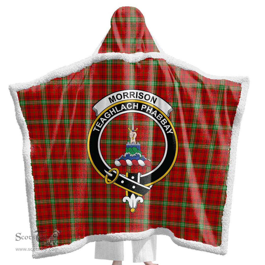 ScotsTee Shop Scottish Morrison Red Modern Clan Crest Tartan Sherpa Hooded Blanket Wearable Cuddle Throw Warm Cozy