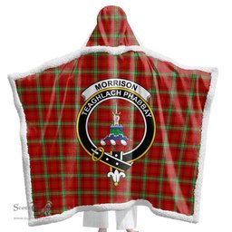 ScotsTee Shop Scottish Morrison Red Modern Clan Crest Tartan Sherpa Hooded Blanket Wearable Cuddle Throw Warm Cozy
