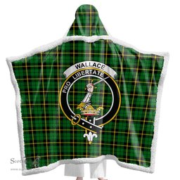 ScotsTee Shop Scottish Wallace Hunting - Green Clan Crest Tartan Sherpa Hooded Blanket Wearable Cuddle Throw Warm Cozy