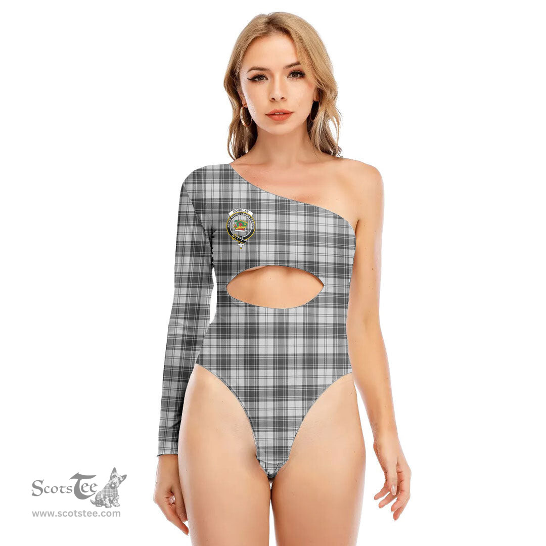 ScotsTee Shop Scottish Douglas Grey Modern Clan Crest Tartan Womens One Shoulder Waist Cut Long Sleeve Bodysuit