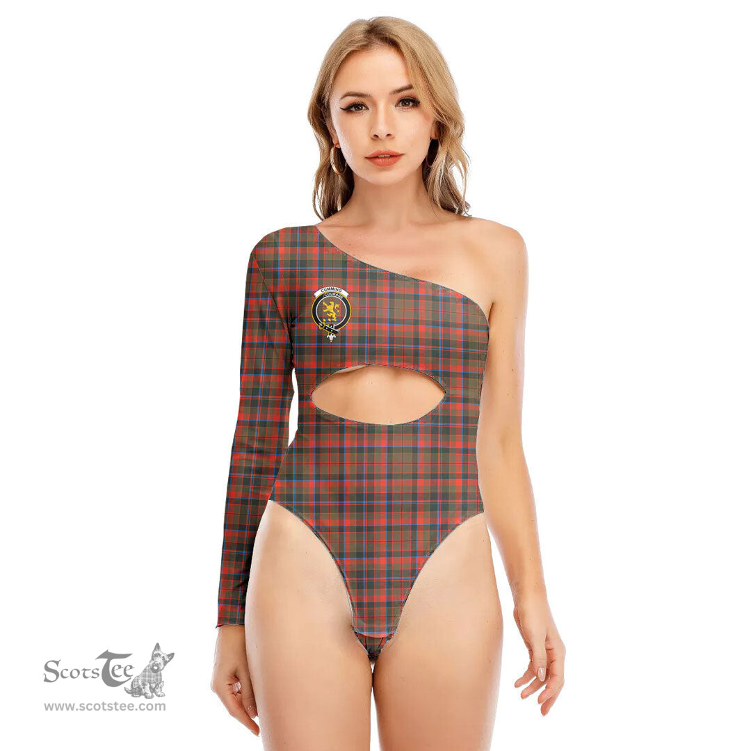 ScotsTee Shop Scottish Cumming Hunting Weathered Clan Crest Tartan Womens One Shoulder Waist Cut Long Sleeve Bodysuit