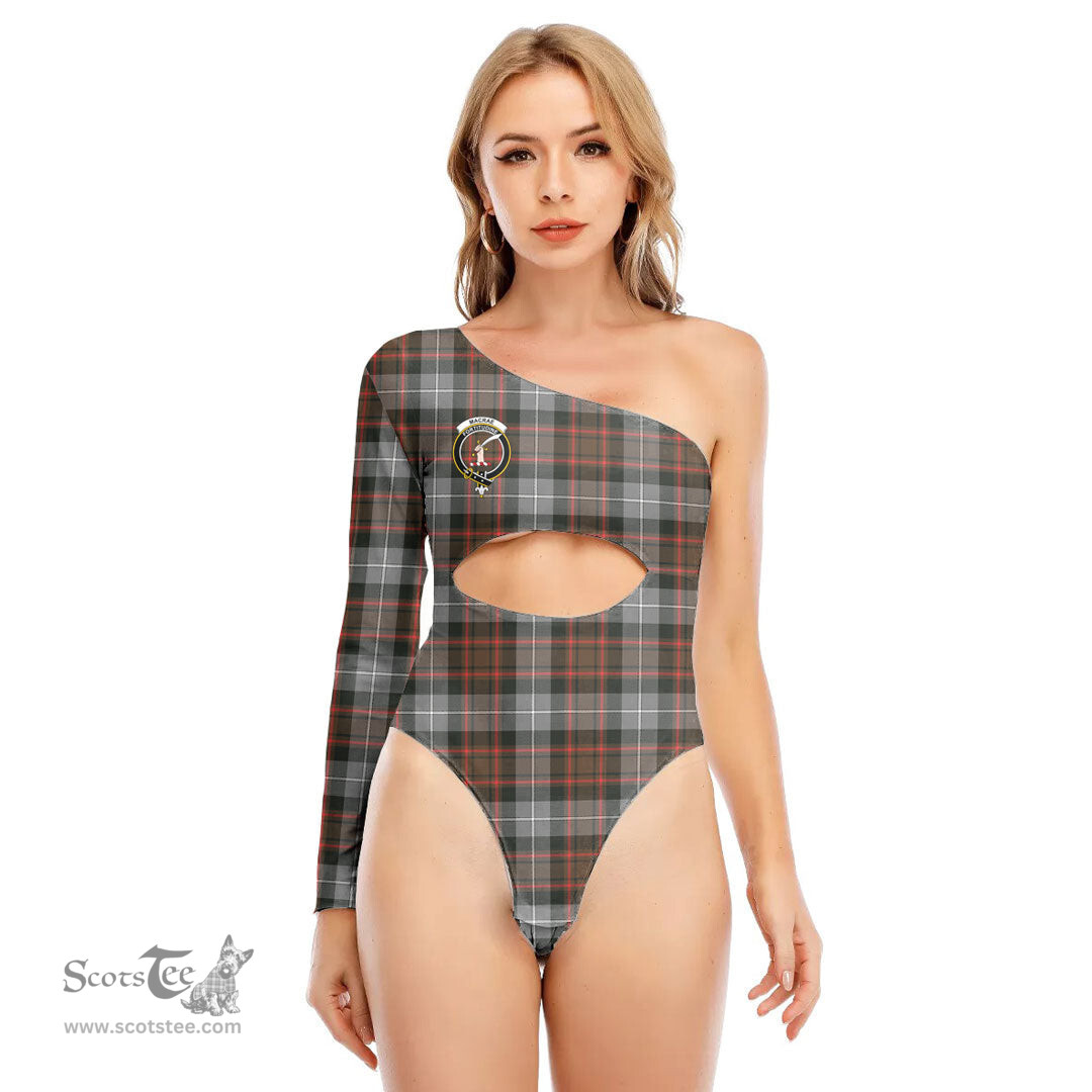 ScotsTee Shop Scottish MacRae Hunting Weathered Clan Crest Tartan Womens One Shoulder Waist Cut Long Sleeve Bodysuit