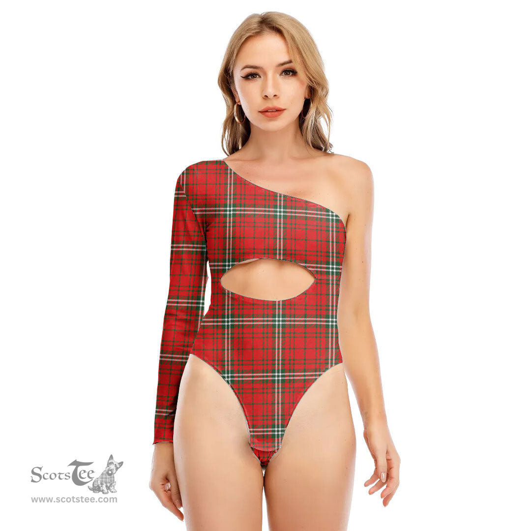 ScotsTee Shop Scottish MacLay Modern Clan Tartan Womens One Shoulder Waist Cut Long Sleeve Bodysuit
