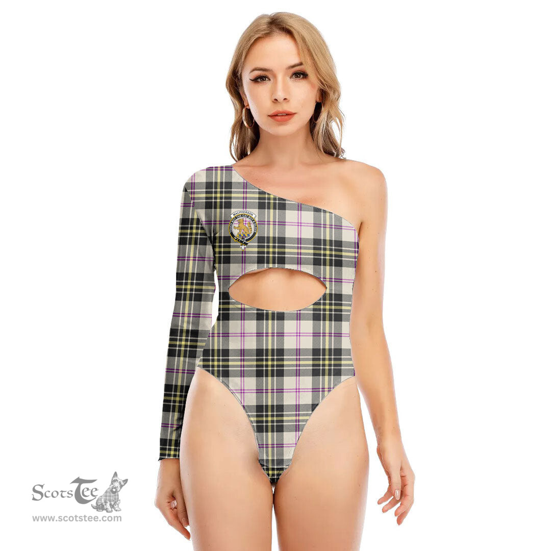 ScotsTee Shop Scottish MacPherson Dress Ancient Clan Crest Tartan Womens One Shoulder Waist Cut Long Sleeve Bodysuit
