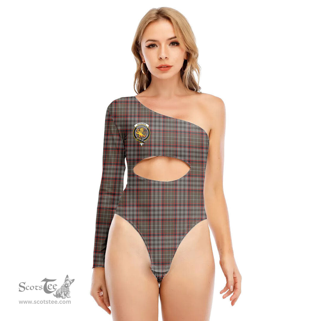 ScotsTee Shop Scottish Nicolson Hunting Weathered Clan Crest Tartan Womens One Shoulder Waist Cut Long Sleeve Bodysuit