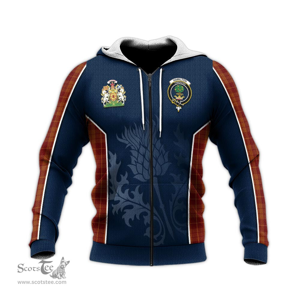 ScotsTee Shop Scottish Hamilton Red Clan Scottish Crest and Scottish Thistle Sport Tartan Hoodie