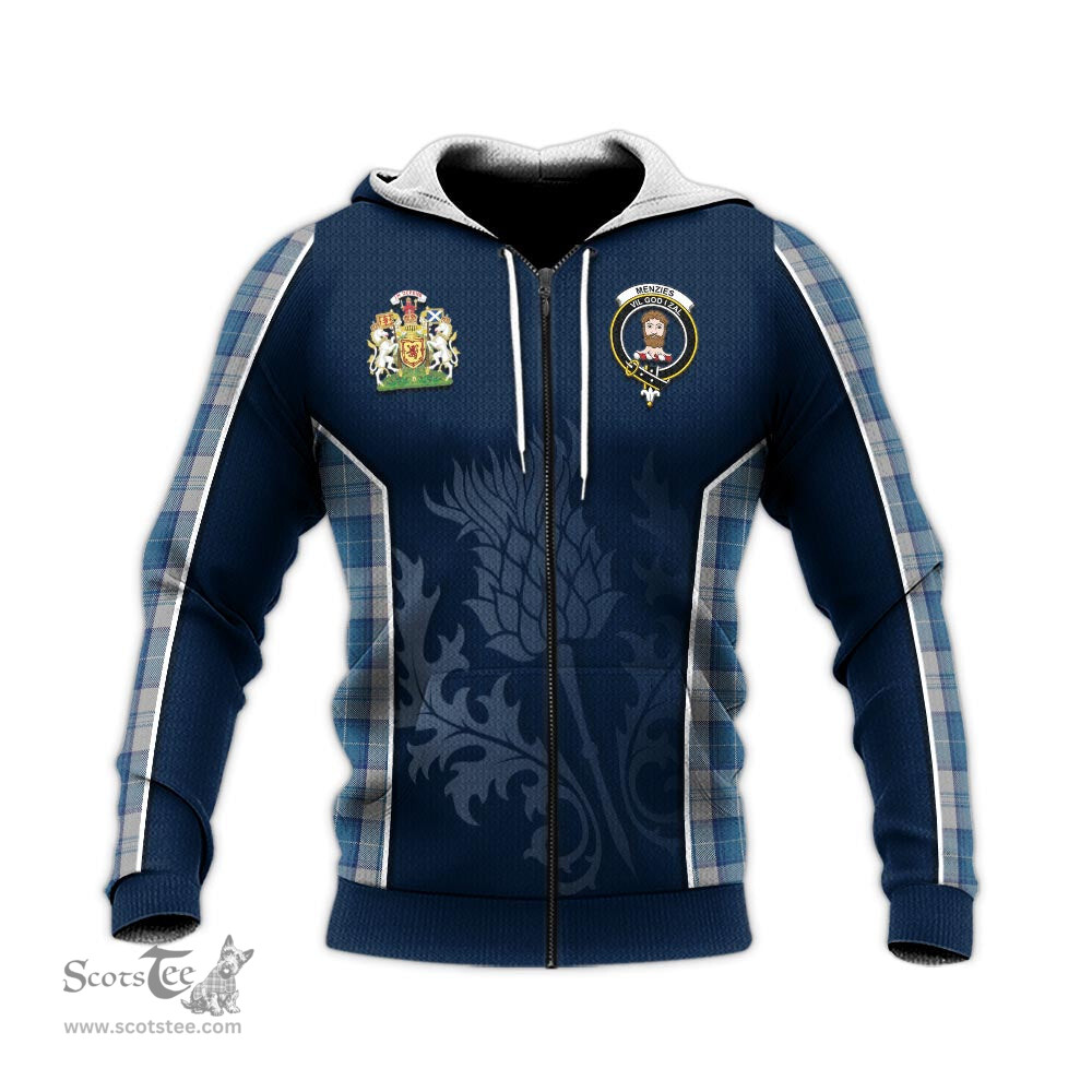 ScotsTee Shop Scottish Menzies Dress Blue and White Clan Scottish Crest and Scottish Thistle Sport Tartan Hoodie