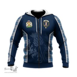 ScotsTee Shop Scottish Menzies Dress Blue and White Clan Scottish Crest and Scottish Thistle Sport Tartan Hoodie