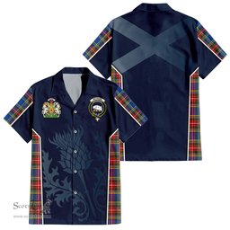 ScotsTee Shop Scottish Bethune Clan Scottish Crest and Scottish Thistle Sport Tartan Short Sleeve Shirt