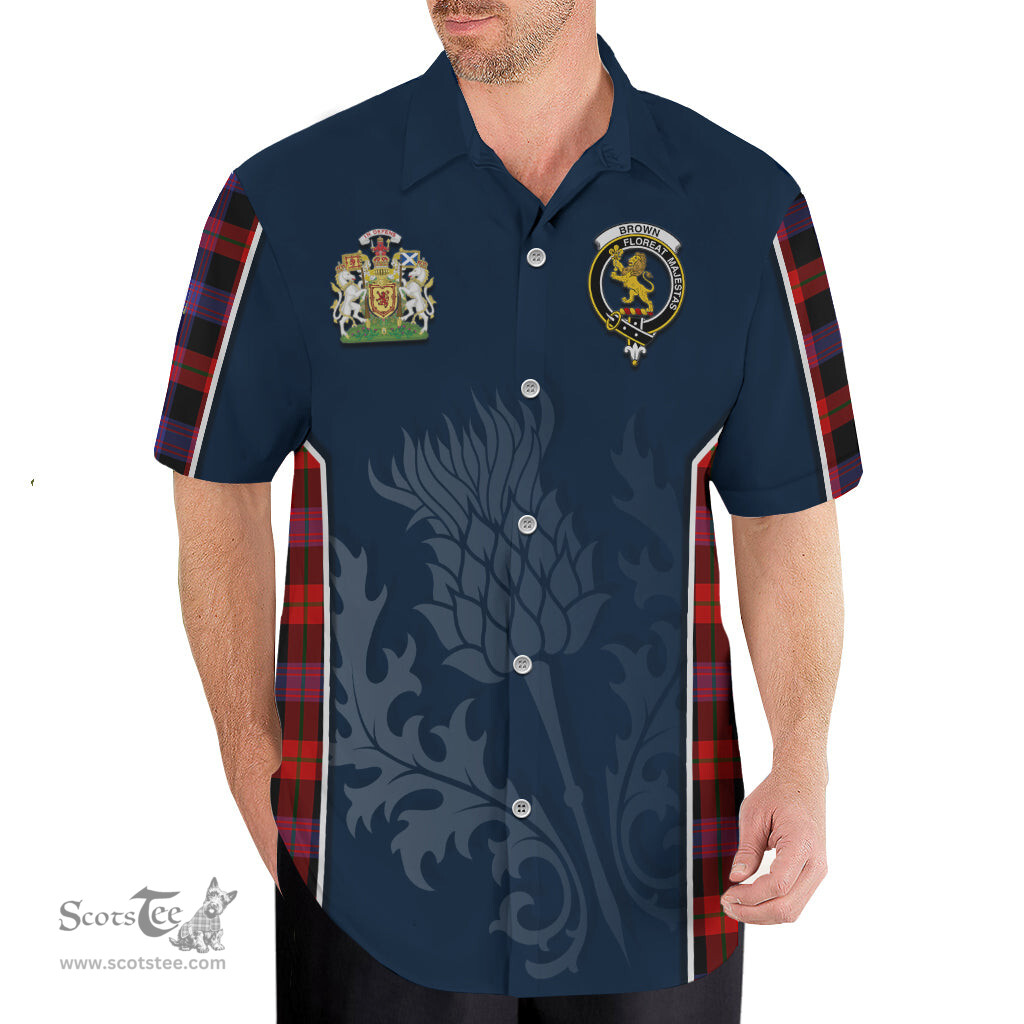 ScotsTee Shop Scottish Brown Clan Scottish Crest and Scottish Thistle Sport Tartan Short Sleeve Shirt