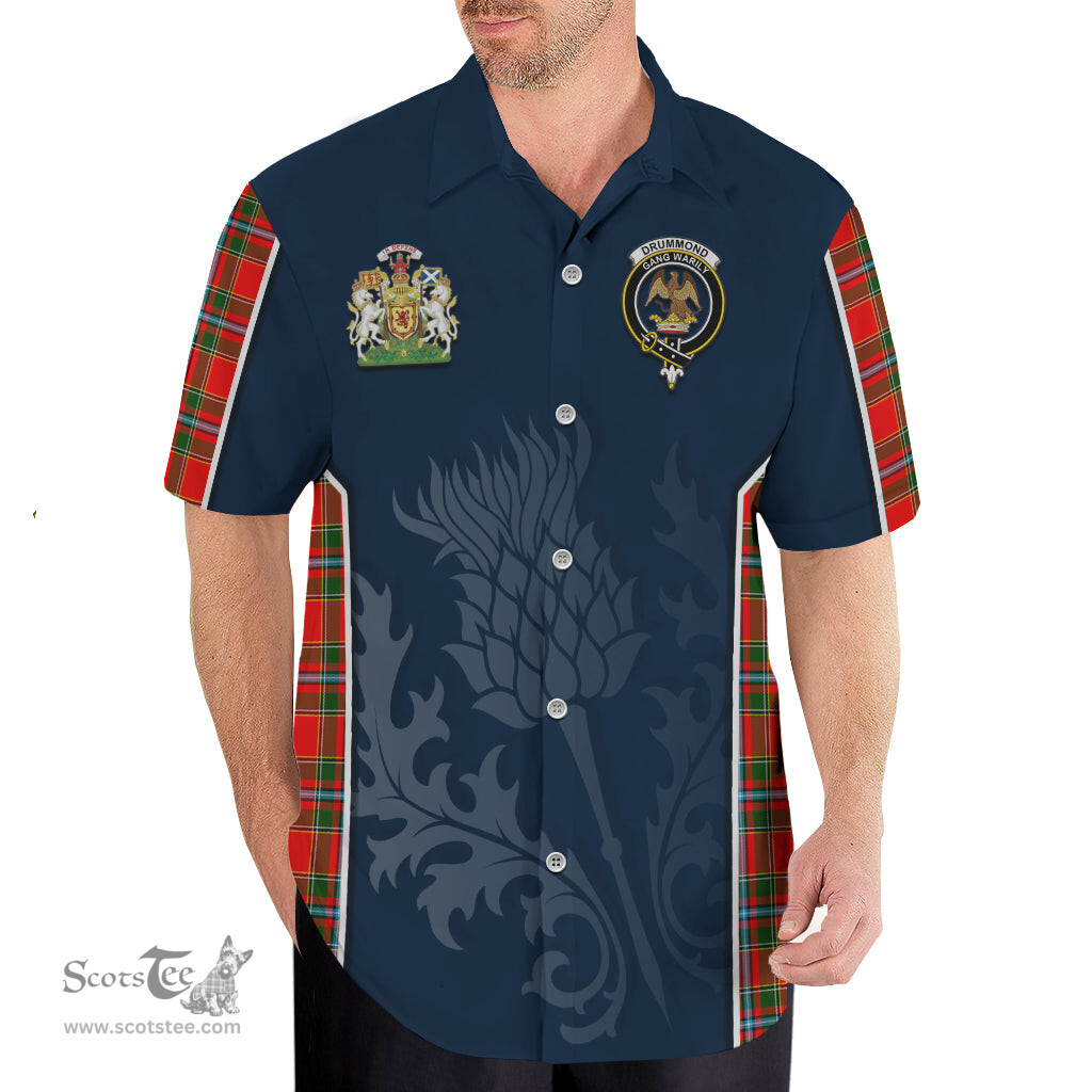 ScotsTee Shop Scottish Drummond of Perth Clan Scottish Crest and Scottish Thistle Sport Tartan Short Sleeve Shirt