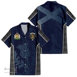 ScotsTee Shop Scottish Drummond Grey Clan Scottish Crest and Scottish Thistle Sport Tartan Short Sleeve Shirt