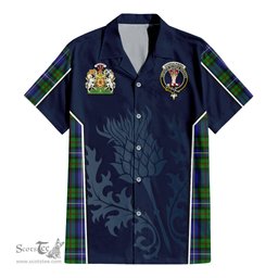 ScotsTee Shop Scottish Donnachaidh Clan Scottish Crest and Scottish Thistle Sport Tartan Short Sleeve Shirt